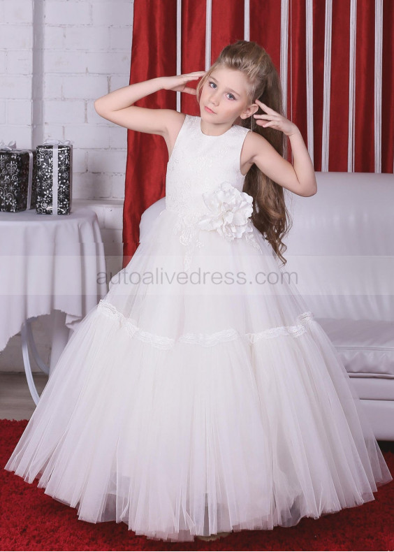 Ivory Lace Tulle Flower Girl Dress With Big Flower